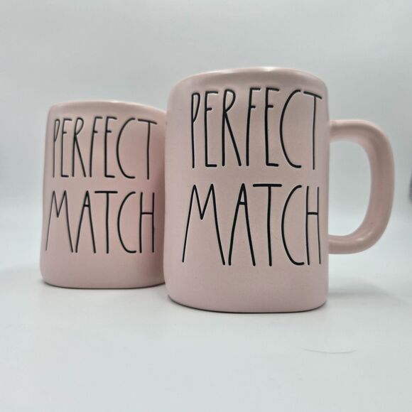 Rae Dunn PERFECT MATCH Mugs Pastel Pink Farmhouse Love Couple Romance Coffee Cup - Picture 1 of 4